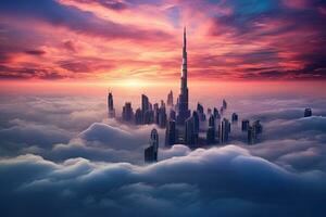 Aerial view of Dubai cityscape at sunset, United Arab Emirates, Dubai sunset view of downtown covered with clouds, AI Generated photo