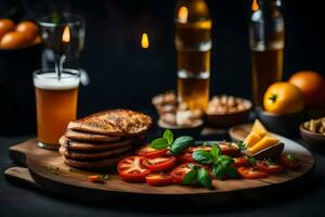 food on a wooden board with beer and wine. AI-Generated photo