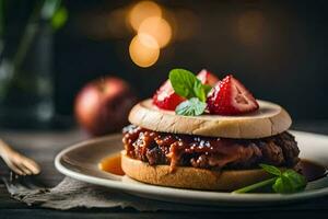 a hamburger with strawberry sauce and mint leaves on a plate. AI-Generated photo