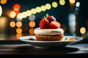 a cupcake with strawberries on top on a plate. AI-Generated photo