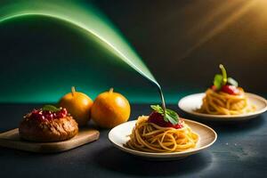 spaghetti and lemon on a table. AI-Generated photo