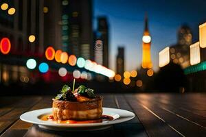 a plate of food sitting on a table in front of a cityscape. AI-Generated photo