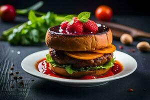 a hamburger with tomato, lettuce and berry sauce. AI-Generated photo