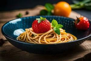 espaguetis con Fresco fresas y menta hojas en un azul bol. generado por ai foto