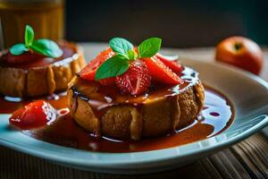 two cakes with strawberries and syrup on top. AI-Generated photo