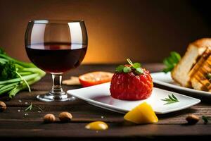 un plato de comida con un vaso de vino y fresas generado por ai foto