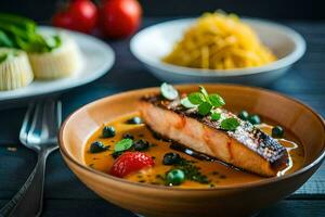 un cuenco de salmón con vegetales y un plato de pasta. generado por ai foto