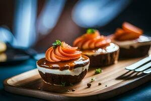 three mini desserts on a wooden tray. AI-Generated photo