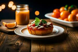 a plate of fruit and a cup of orange juice on a wooden table. AI-Generated photo