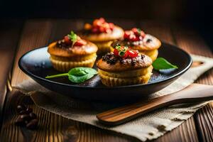 pequeño magdalenas con tomate salsa en un negro lámina. generado por ai foto