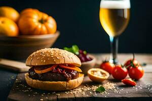 un hamburguesa con vegetales y un vaso de cerveza. generado por ai foto