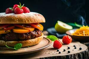 a hamburger with fruit and cheese on a wooden plate. AI-Generated photo