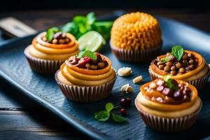 cupcakes with nuts and spices on a black plate. AI-Generated photo