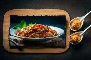 a photo of a plate of pasta on a cutting board. AI-Generated