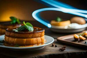 a plate of pancakes with a light trail of light. AI-Generated photo