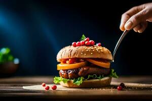 a person is holding a knife and fork over a hamburger. AI-Generated photo