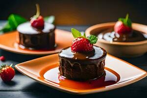 chocolate cake with strawberries on a plate. AI-Generated photo