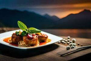 a plate of food with spaghetti and meatballs on a table. AI-Generated photo