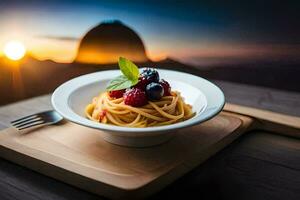 spaghetti with berries and a sunset view. AI-Generated photo