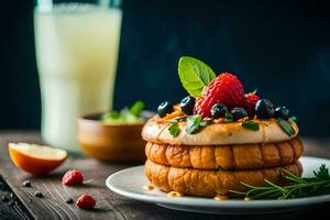 a stack of pancakes with berries and mint. AI-Generated photo