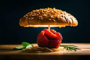 a mushroom with strawberries and herbs on top. AI-Generated photo