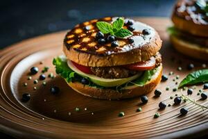 two hamburgers on a wooden plate with blueberries. AI-Generated photo