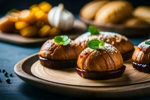 small stuffed bread rolls on a wooden plate. AI-Generated photo