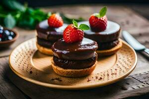 three chocolate cakes with strawberries on a wooden plate. AI-Generated photo