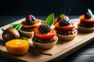 mini cupcakes with fruit on a wooden tray. AI-Generated photo