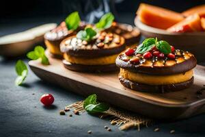 chocolate donuts with cinnamon and mint on a wooden board. AI-Generated photo