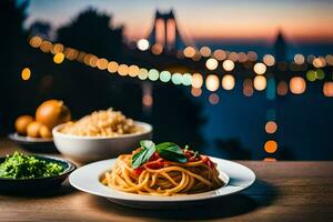 spaghetti and meatballs on a plate with a view of the city. AI-Generated photo