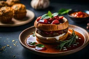 a hamburger with berries and sauce on a plate. AI-Generated photo