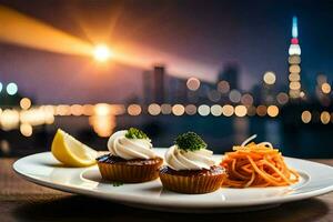 a plate with cupcakes and spaghetti on a table in front of a cityscape. AI-Generated photo