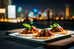 three small appetizers on a white plate with city lights in the background. AI-Generated photo