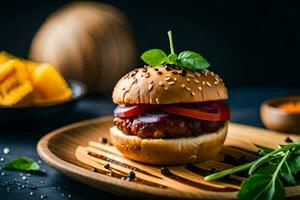 a hamburger with vegetables and chips on a wooden plate. AI-Generated photo