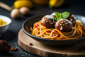 spaghetti with meatballs in a bowl. AI-Generated photo