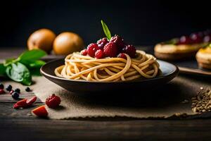 spaghetti with berries and nuts on a wooden table. AI-Generated photo