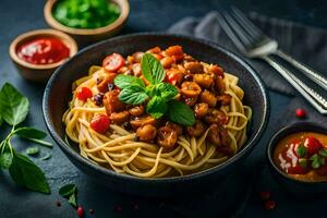 spaghetti with chickpeas and tomato sauce in a black bowl on a dark table. AI-Generated photo