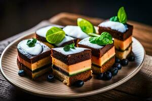 un plato con cuatro piezas de pastel en él. generado por ai foto