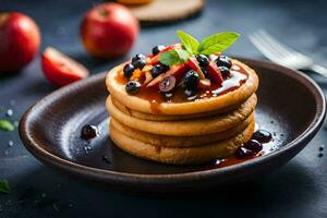 stack of pancakes with berries and syrup on a black plate. AI-Generated photo