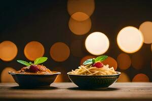 two bowls of pasta with berries on a wooden table. AI-Generated photo