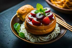 a plate with noodles and a cheesecake on top. AI-Generated photo