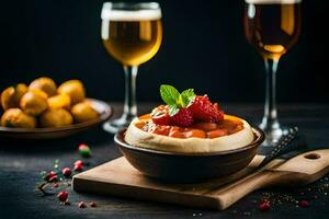 a bowl of food with a strawberry on top and two glasses of wine. AI-Generated photo