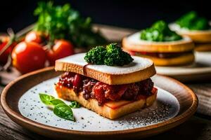 a sandwich with meat and vegetables on a plate. AI-Generated photo