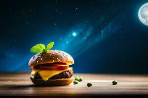 hamburger with cheese and peas on a wooden table. AI-Generated photo