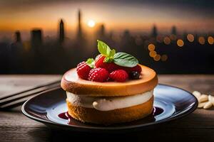 un postre con bayas y un paisaje urbano en el antecedentes. generado por ai foto