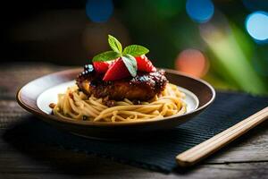 chicken with a strawberry and a bowl of noodles. AI-Generated photo