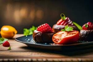 photo wallpaper food, dessert, fruit, strawberries, chocolate, dessert, the plate, tomato,. AI-Generated