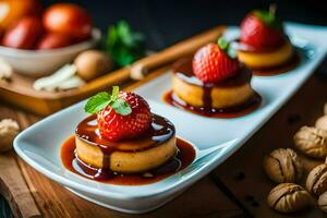 three desserts with strawberries and nuts on a plate. AI-Generated photo