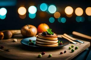 pancakes on a plate with apples and oranges. AI-Generated photo